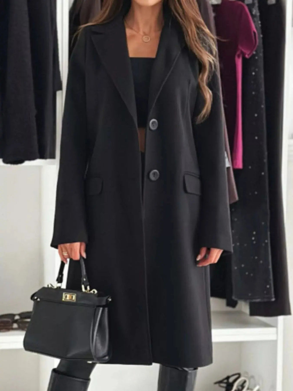 Lapel Collar Long Sleeve Coat - Charmdeals