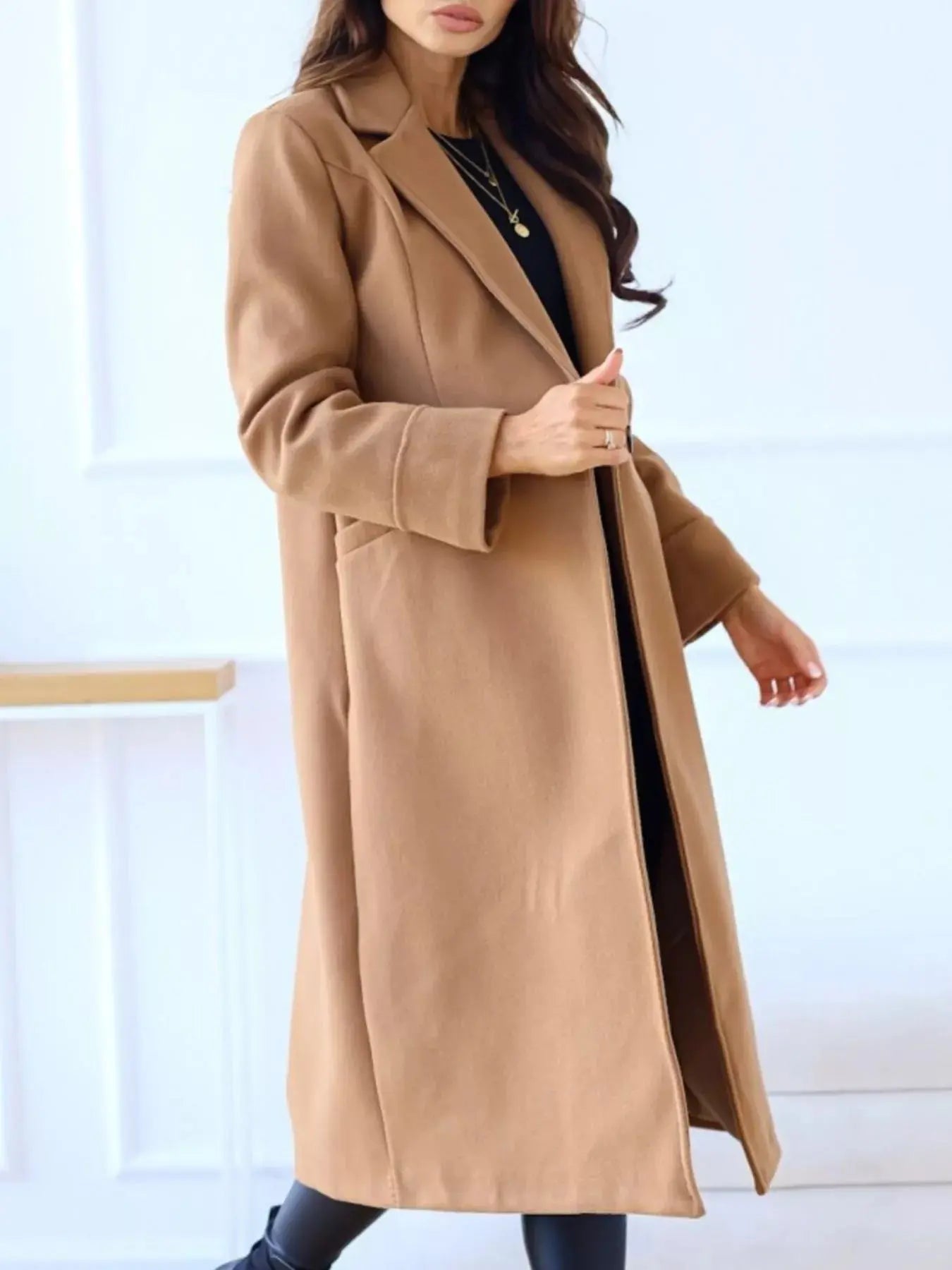 Lapel Collar Wool Blend Overcoat - Charmdeals