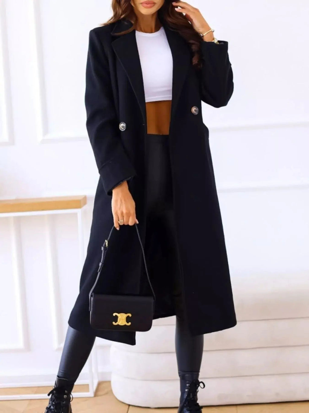 Lapel Collar Wool Blend Overcoat - Charmdeals