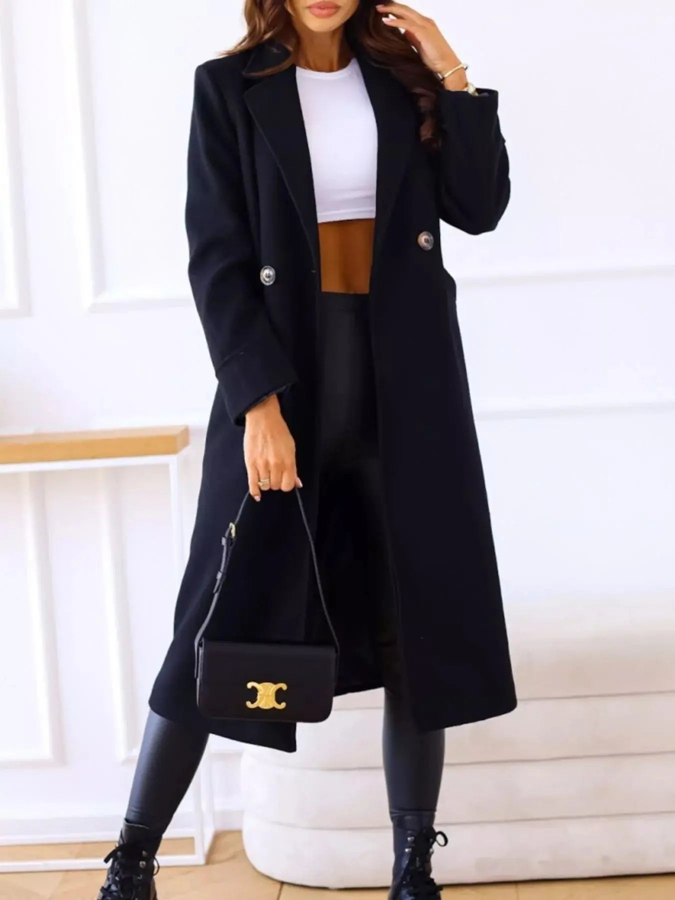 Lapel Collar Wool Blend Overcoat - Charmdeals