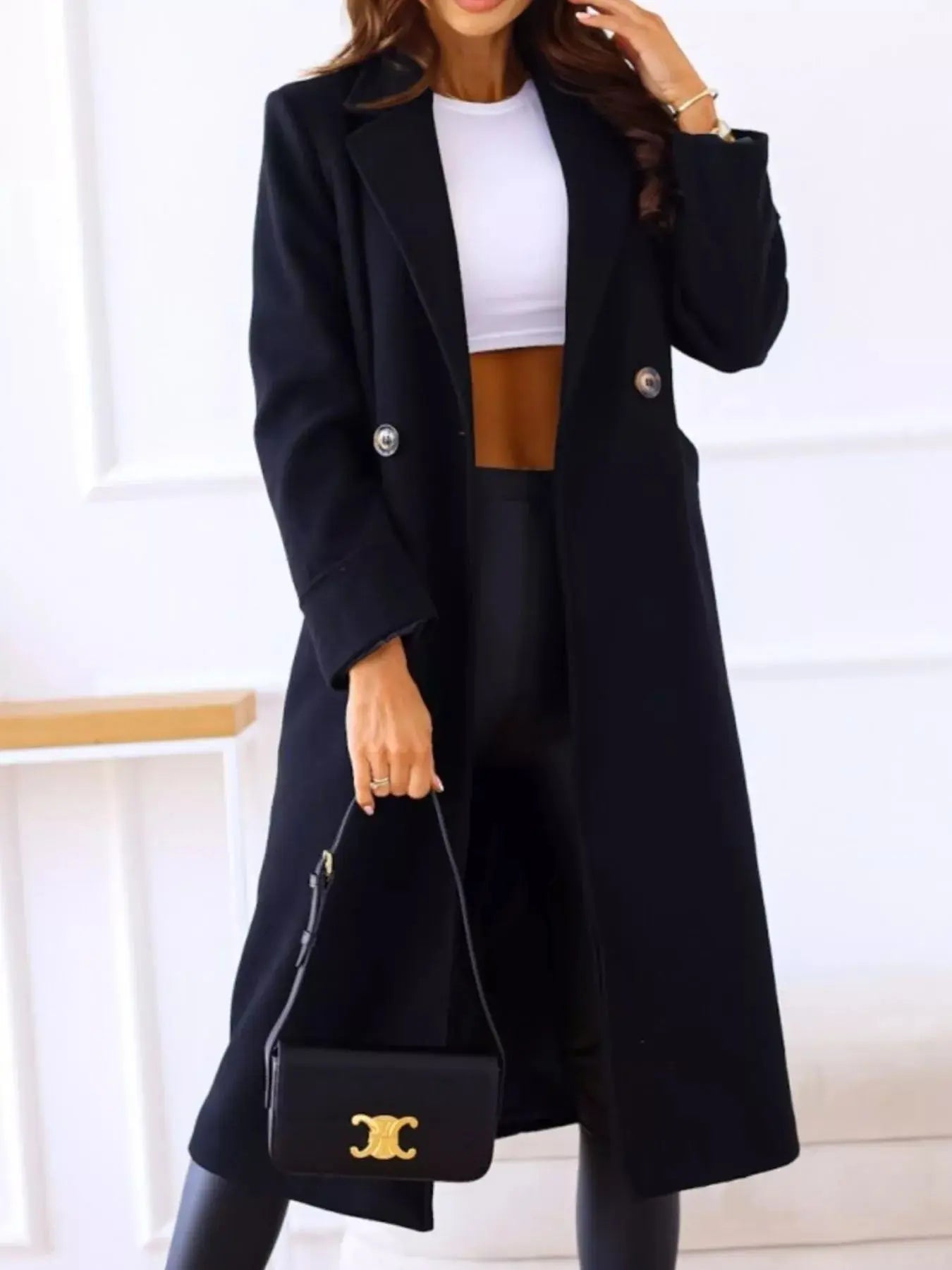 Lapel Collar Wool Blend Overcoat - Charmdeals