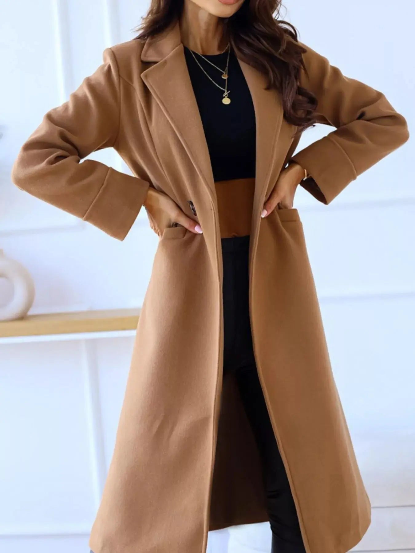 Lapel Collar Wool Blend Overcoat - Charmdeals