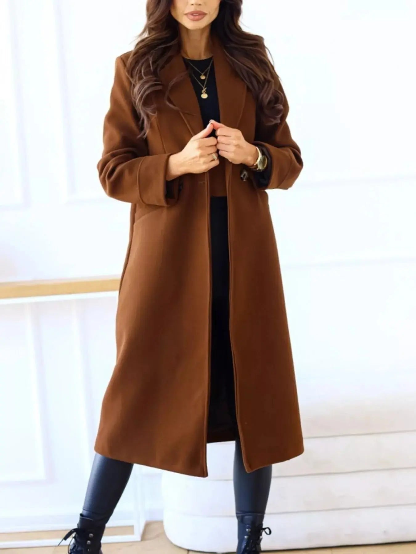 Lapel Collar Wool Blend Overcoat - Charmdeals