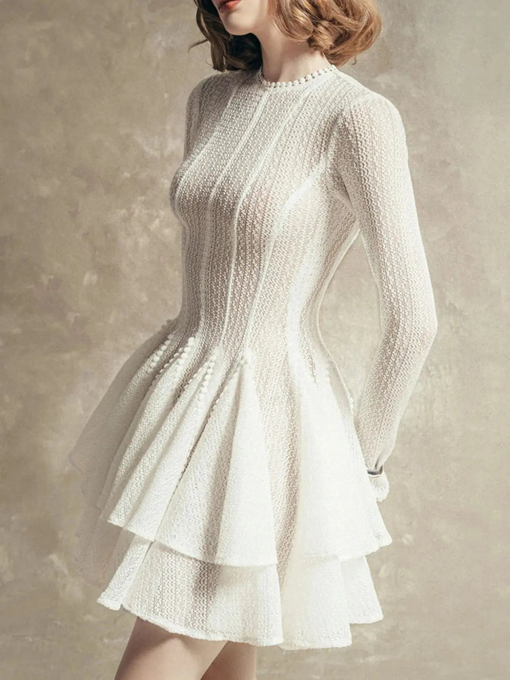 Layered Round Neck Long Sleeve Dress - Charmdeals