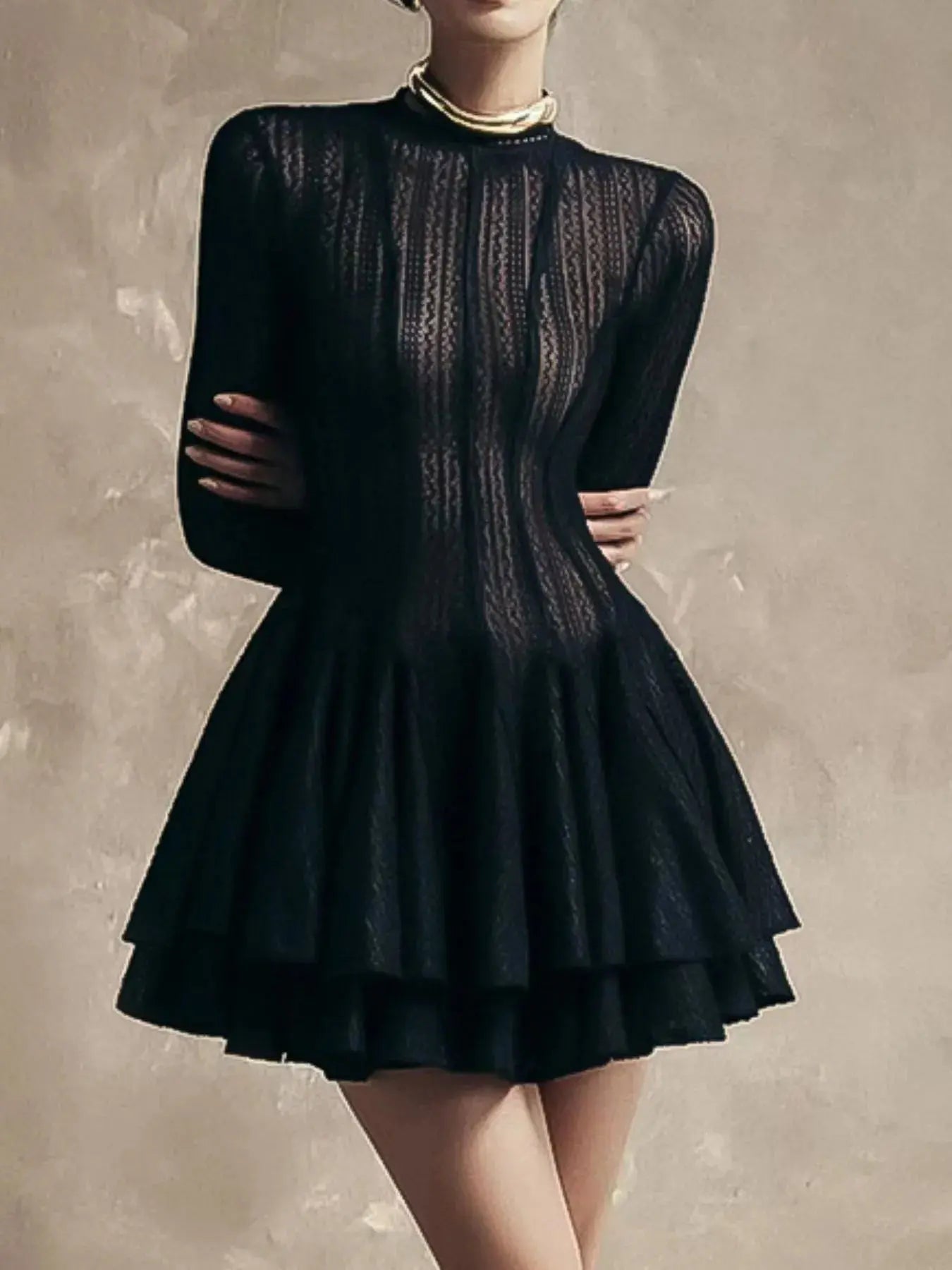 Layered Round Neck Long Sleeve Dress - Charmdeals