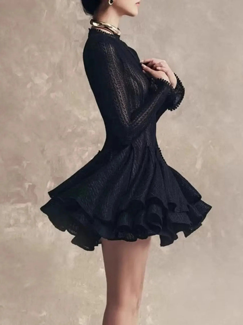 Layered Round Neck Long Sleeve Dress - Charmdeals