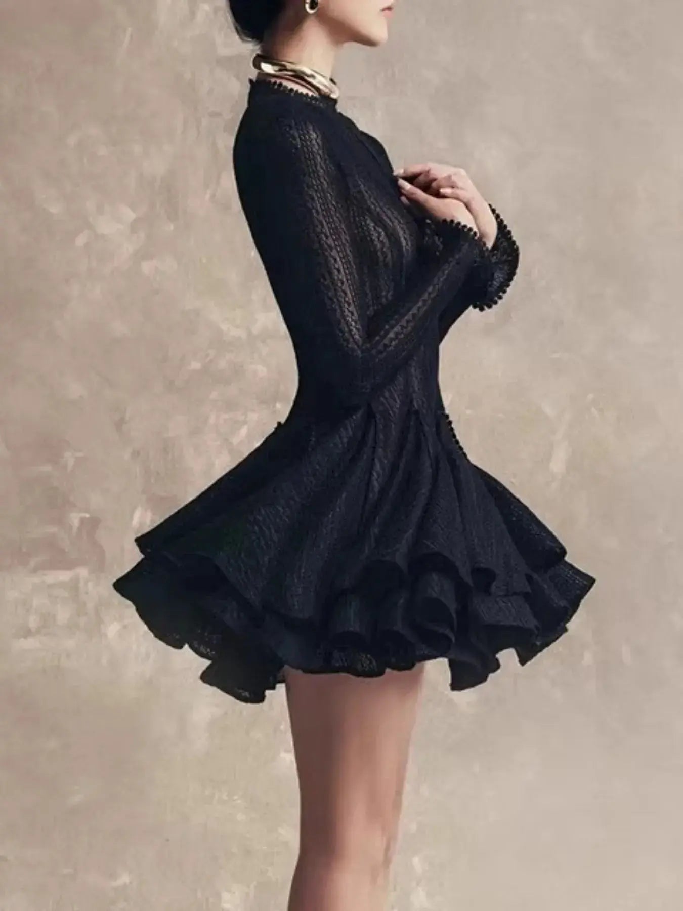 Layered Round Neck Long Sleeve Dress - Charmdeals