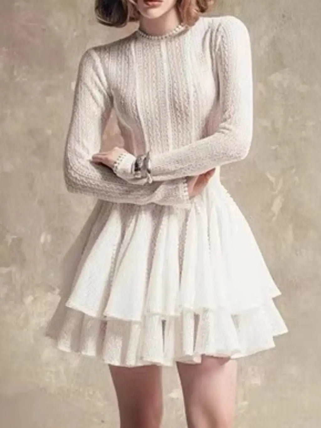 Layered Round Neck Long Sleeve Dress - Charmdeals