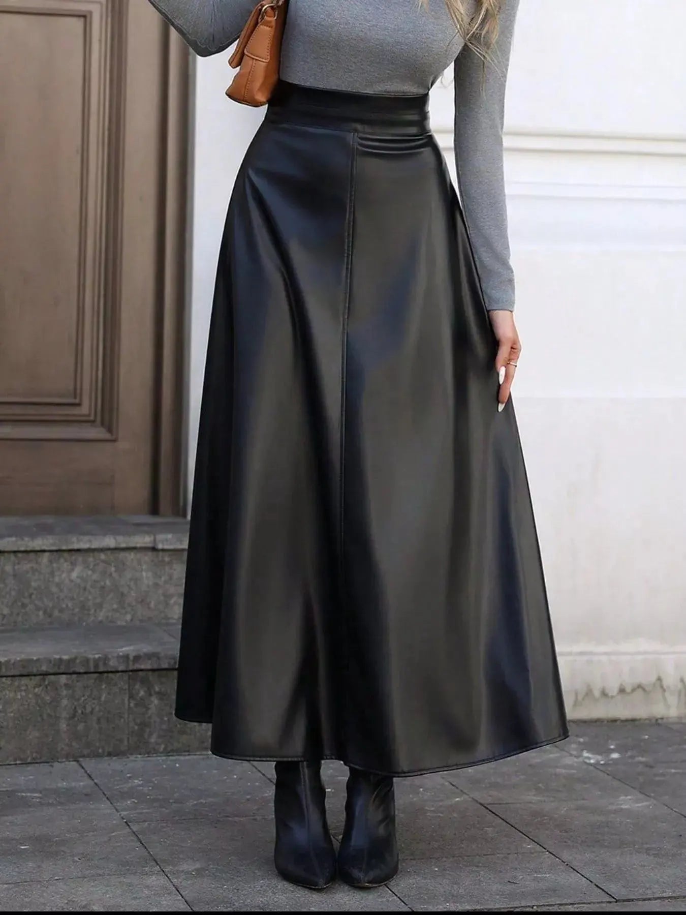 Leather A - Line Midi Skirt - Charmdeals