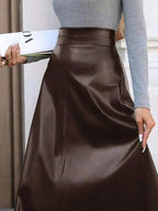 Leather A - Line Midi Skirt - Charmdeals