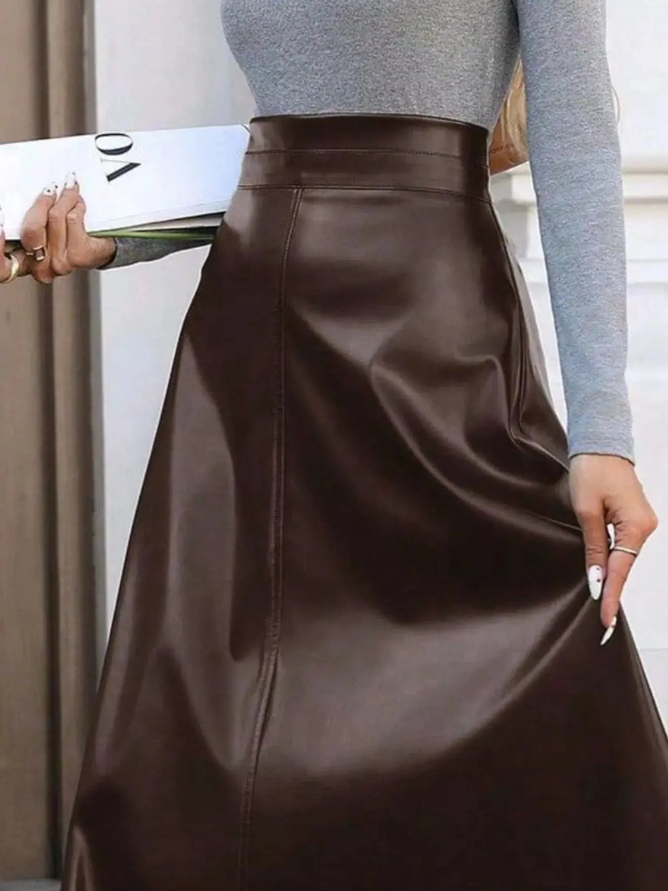 Leather A - Line Midi Skirt - Charmdeals