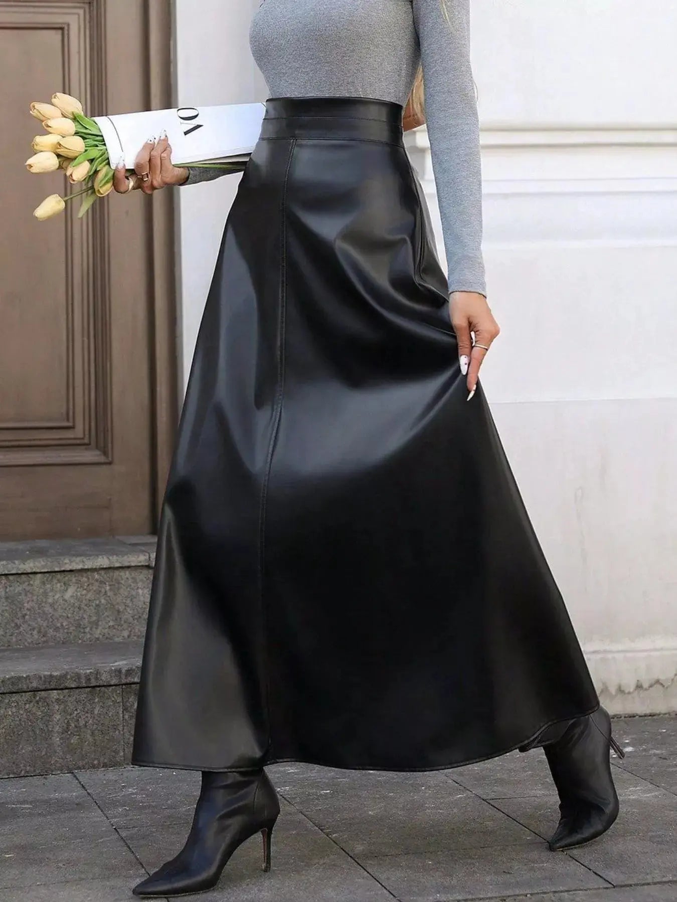 Leather A - Line Midi Skirt - Charmdeals