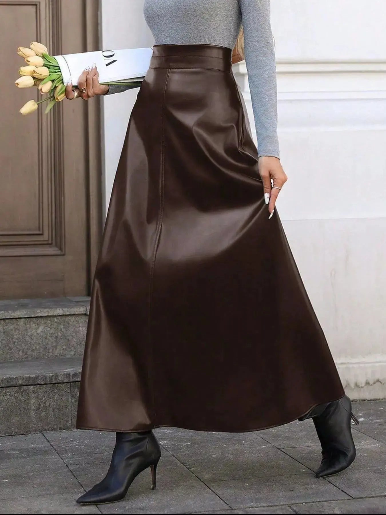 Leather A - Line Midi Skirt - Charmdeals