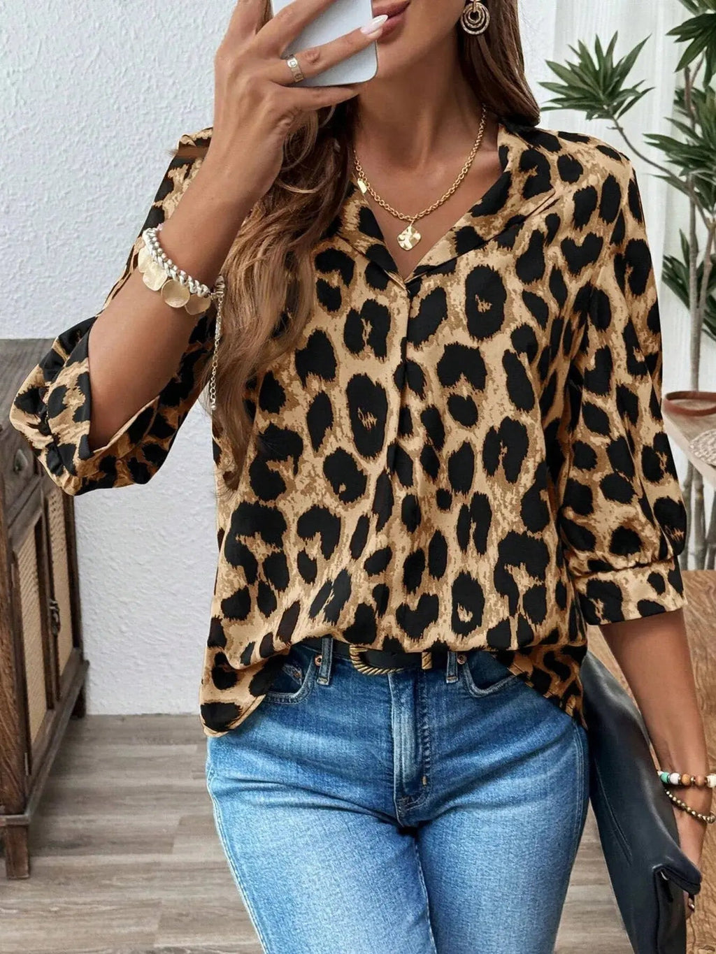 Leopard Print 3/4 Sleeve Blouse - Charmdeals