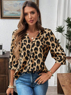 Leopard Print 3/4 Sleeve Blouse - Charmdeals