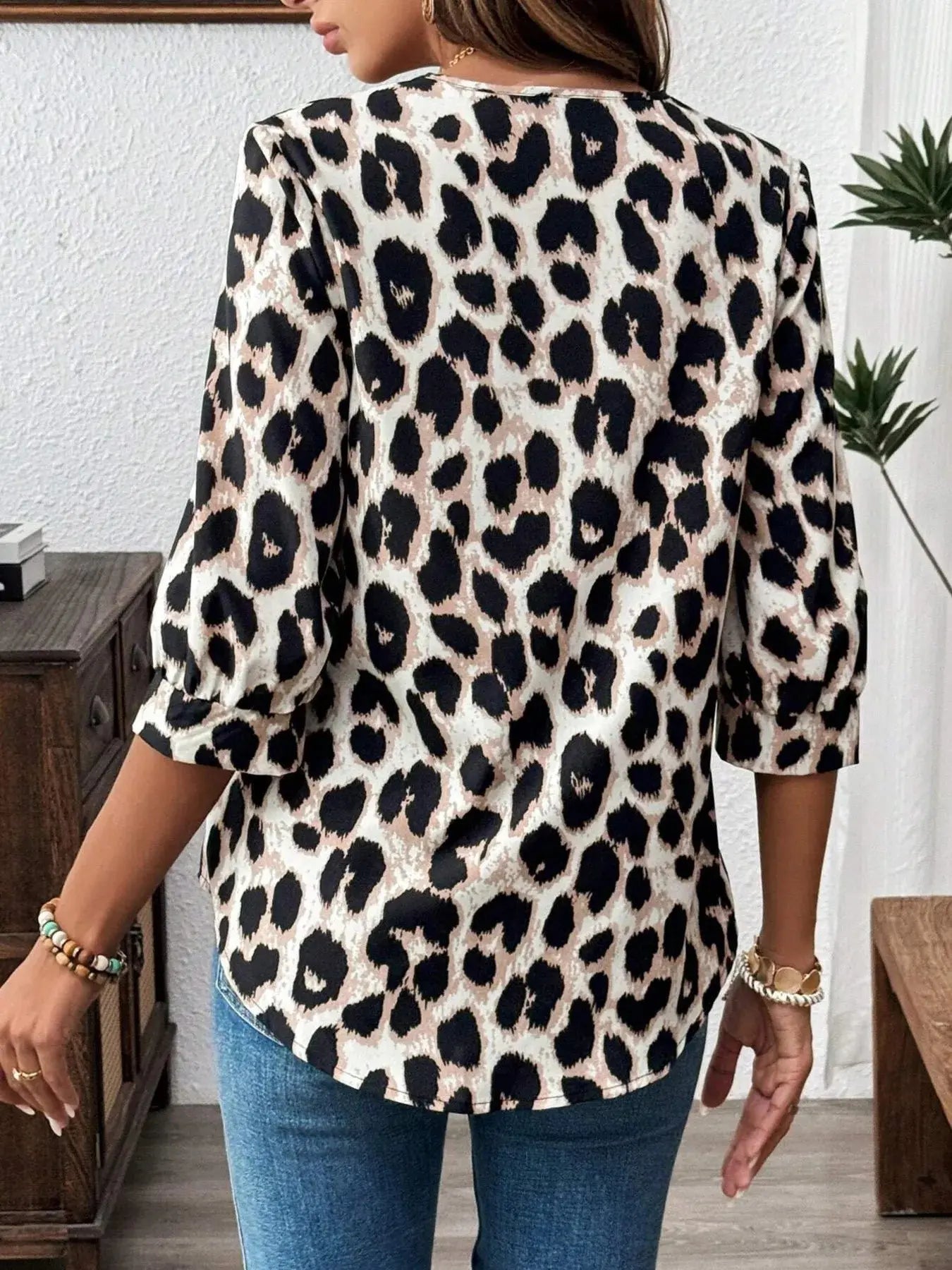 Leopard Print 3/4 Sleeve Blouse - Charmdeals