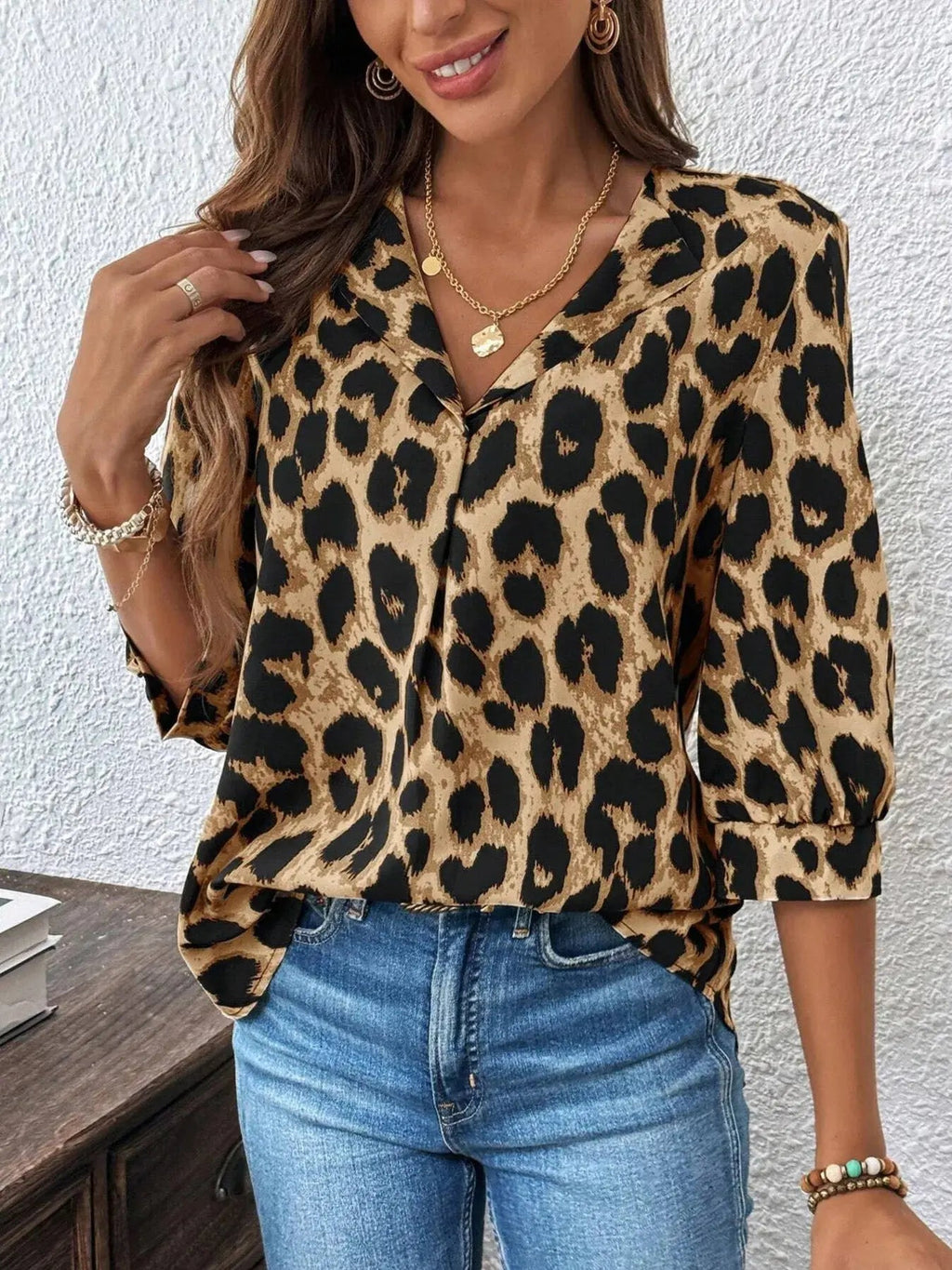 Leopard Print 3/4 Sleeve Blouse - Charmdeals