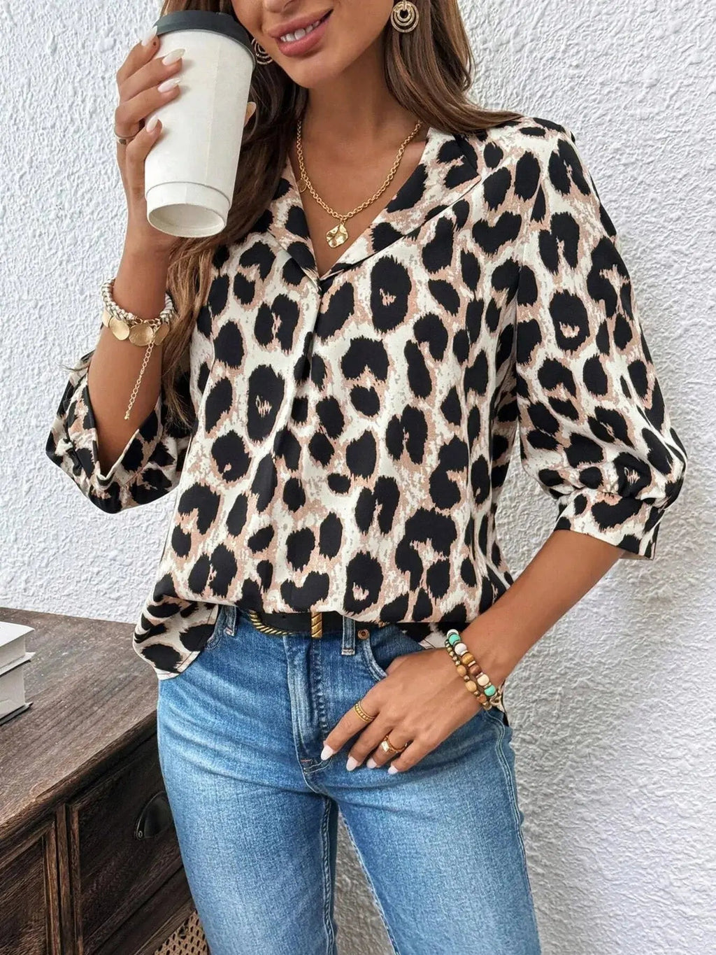 Leopard Print 3/4 Sleeve Blouse - Charmdeals