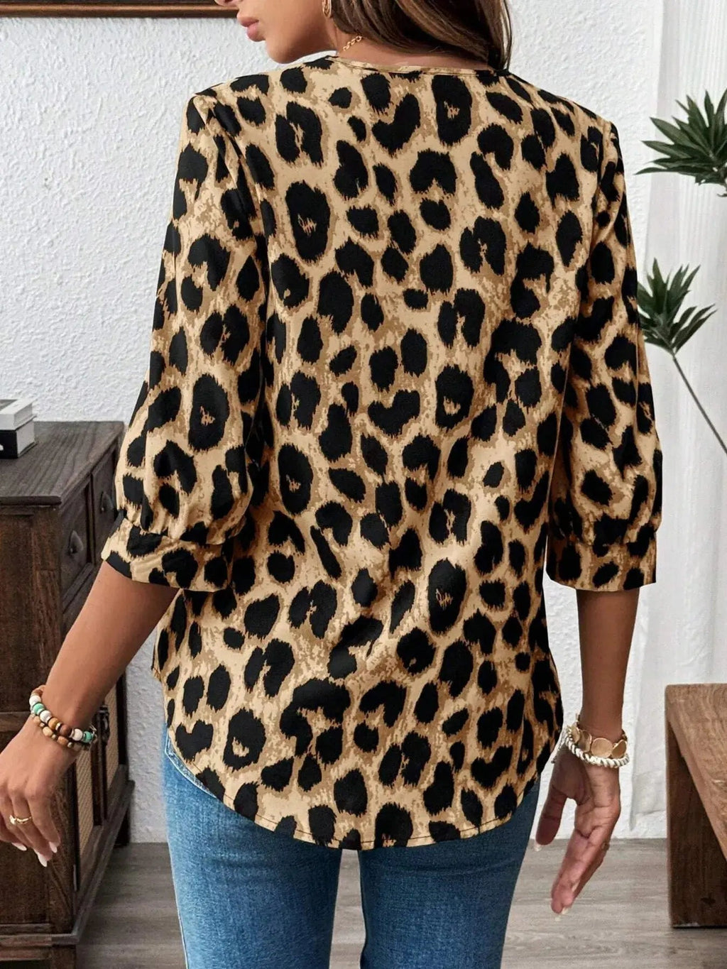 Leopard Print 3/4 Sleeve Blouse - Charmdeals