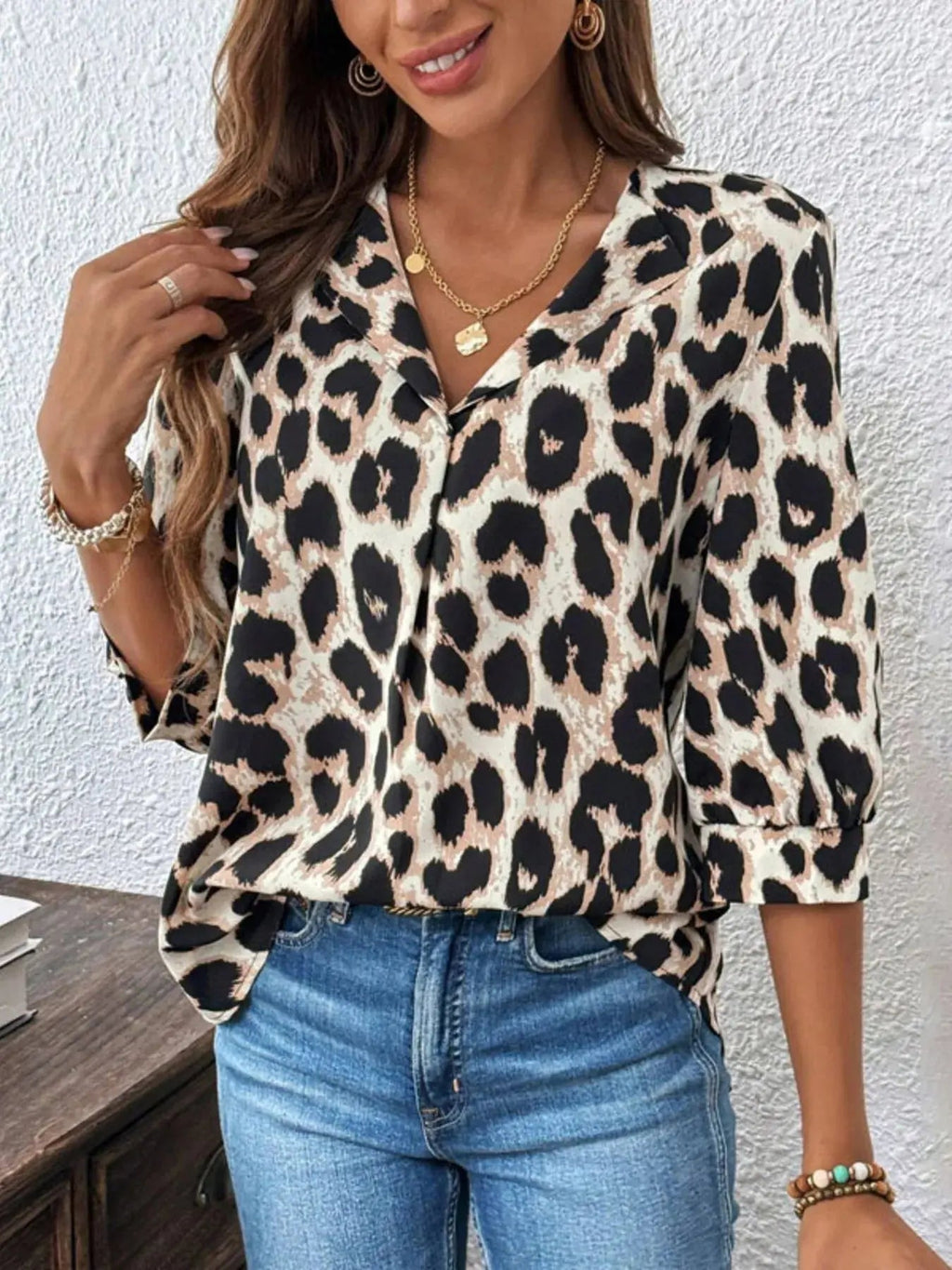 Leopard Print 3/4 Sleeve Blouse - Charmdeals