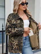 Leopard Print Oversized Denim Jacket - Charmdeals