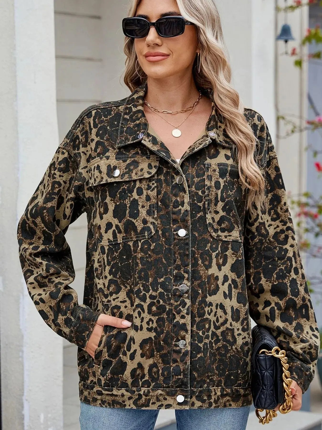Leopard Print Oversized Denim Jacket - Charmdeals