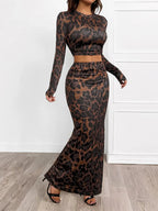 Leopard Round Neck Top and Skirt Set - Charmdeals