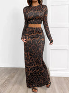 Leopard Round Neck Top and Skirt Set - Charmdeals