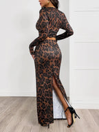 Leopard Round Neck Top and Skirt Set - Charmdeals