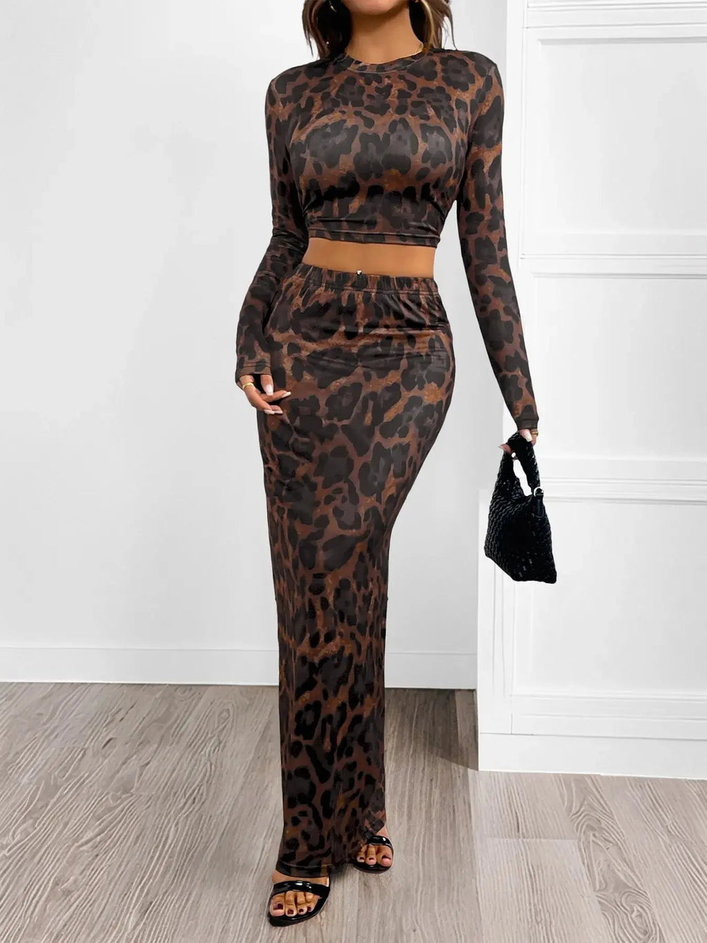 Leopard Round Neck Top and Skirt Set - Charmdeals