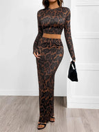 Leopard Round Neck Top and Skirt Set - Charmdeals