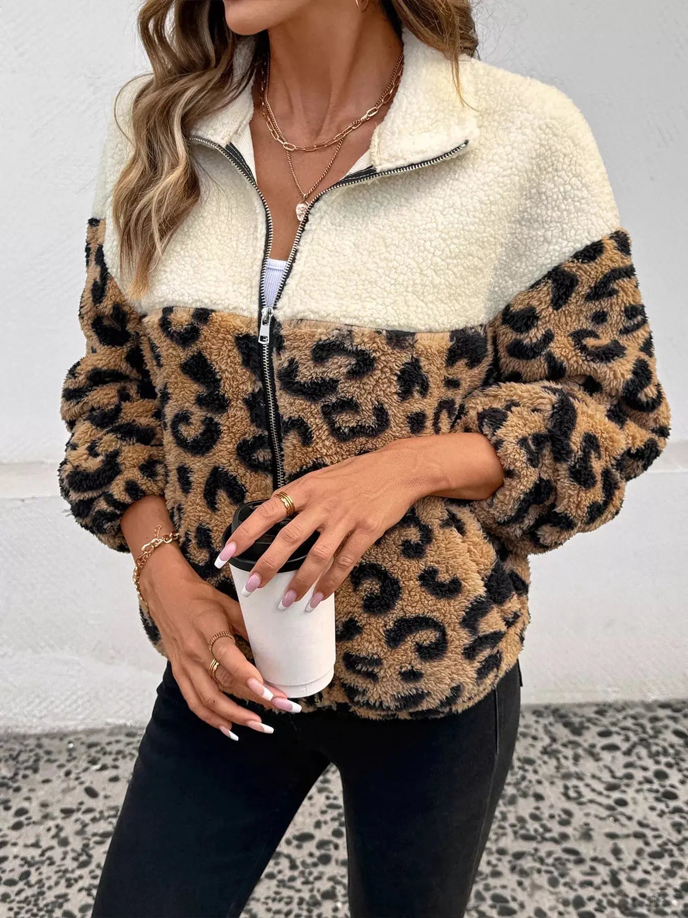 Leopard Zip Up Fleece Jacket - Charmdeals