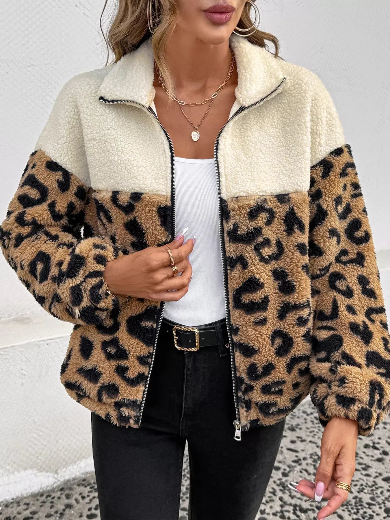 Leopard Zip Up Fleece Jacket - Charmdeals
