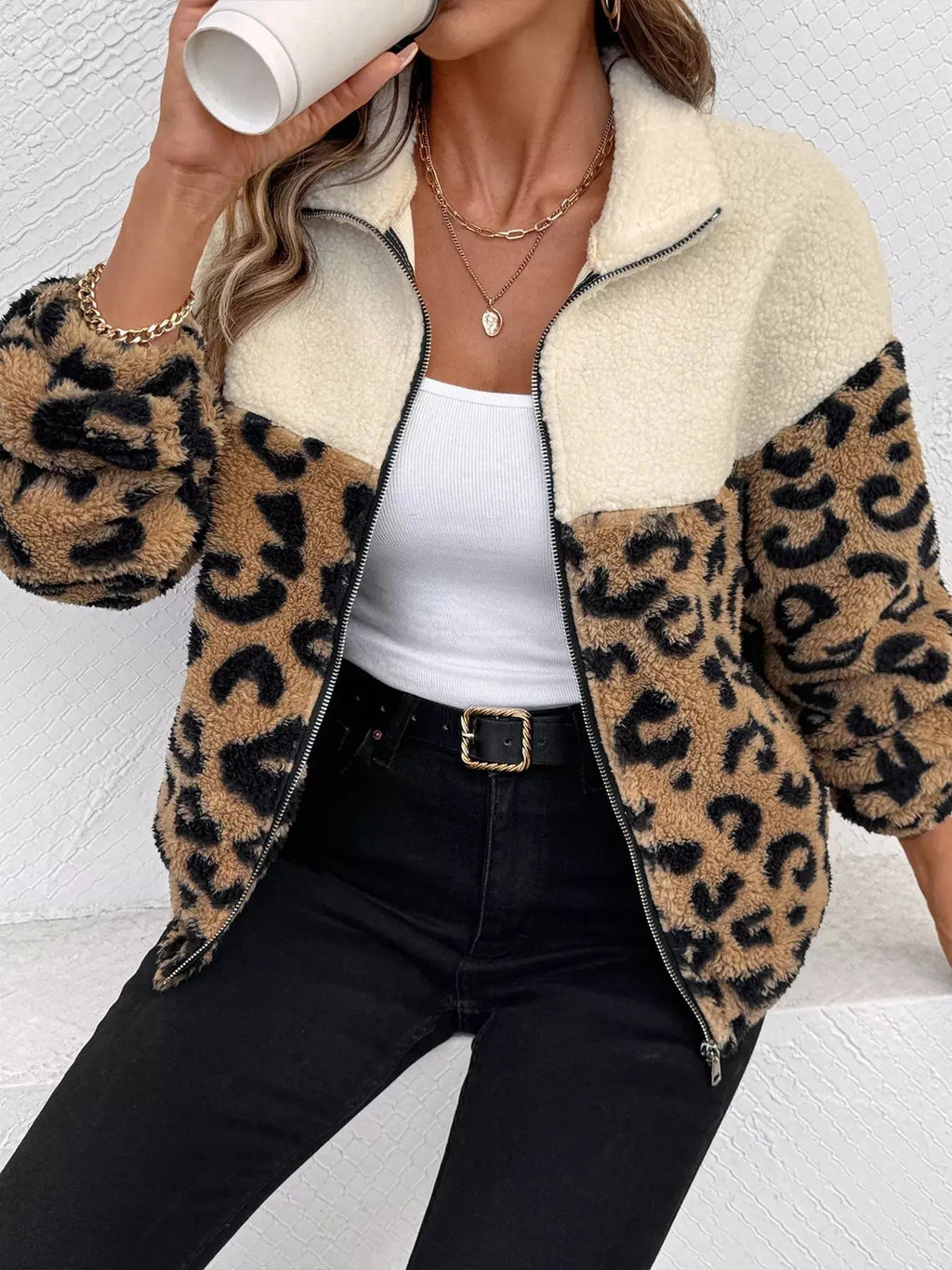 Leopard Zip Up Fleece Jacket - Charmdeals