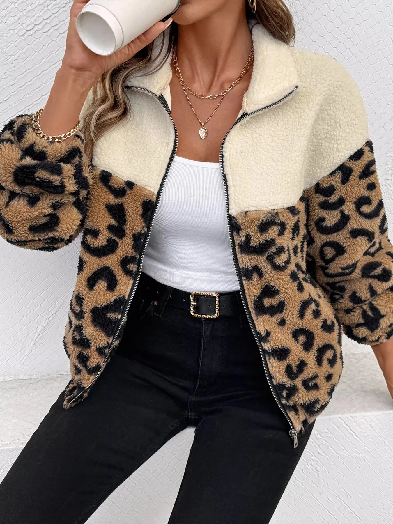 Leopard Zip Up Fleece Jacket - Charmdeals