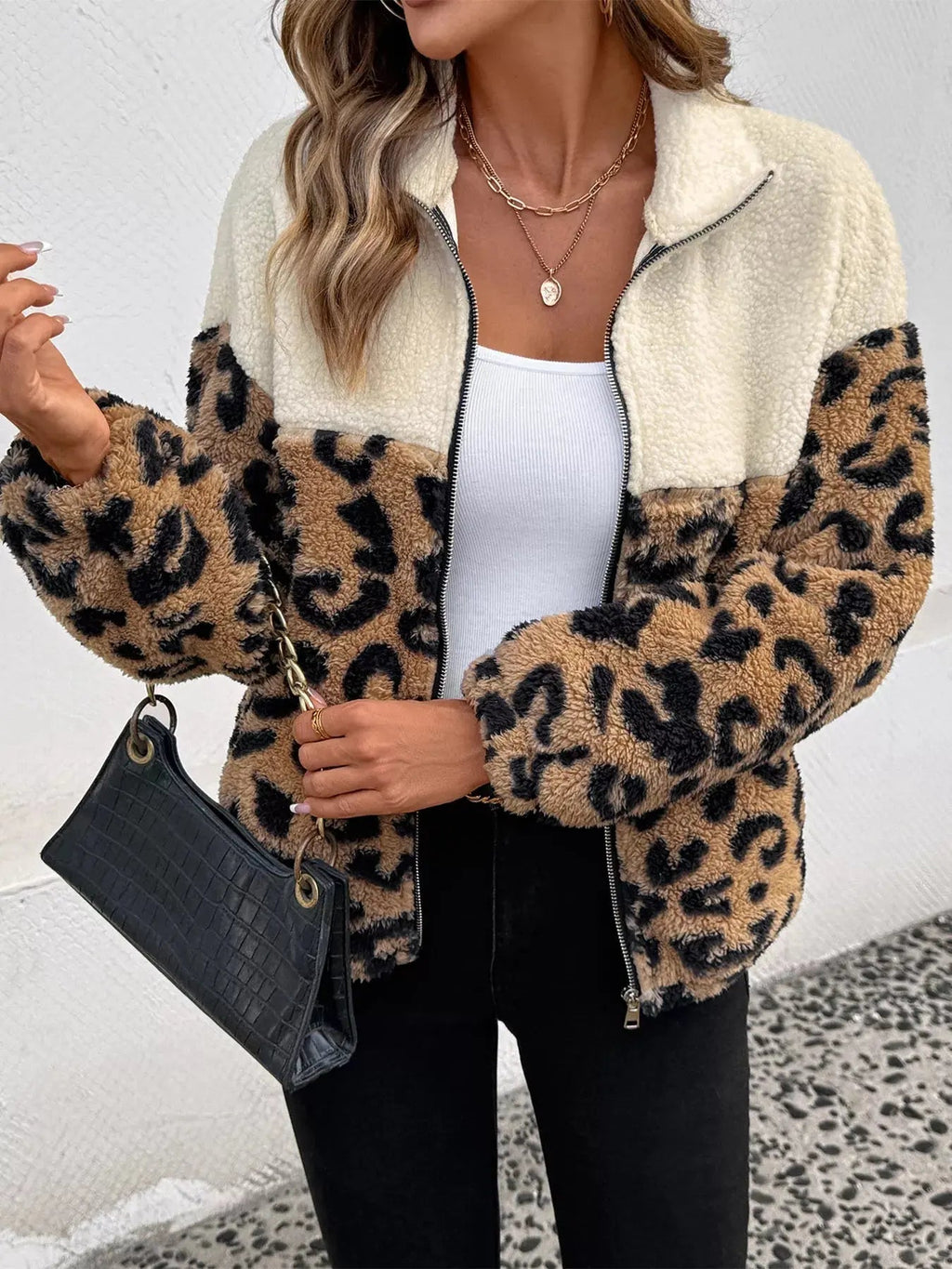 Leopard Zip Up Fleece Jacket - Charmdeals
