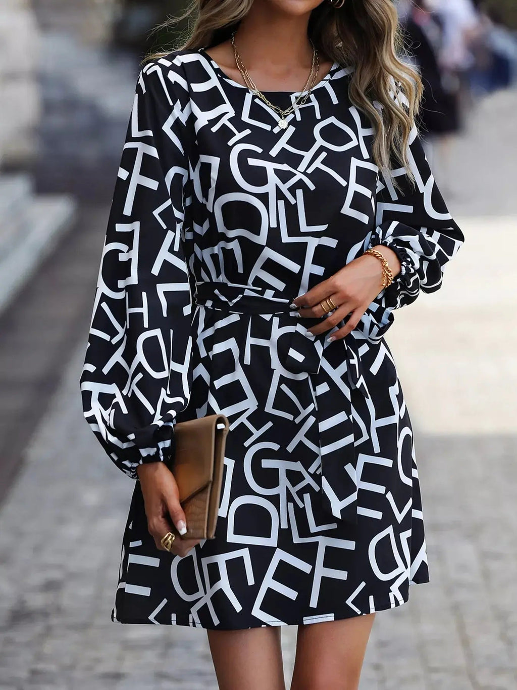 Letter Print Balloon Sleeve Dress - Charmdeals