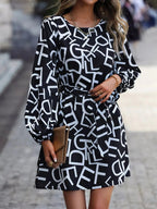 Letter Print Balloon Sleeve Dress - Charmdeals