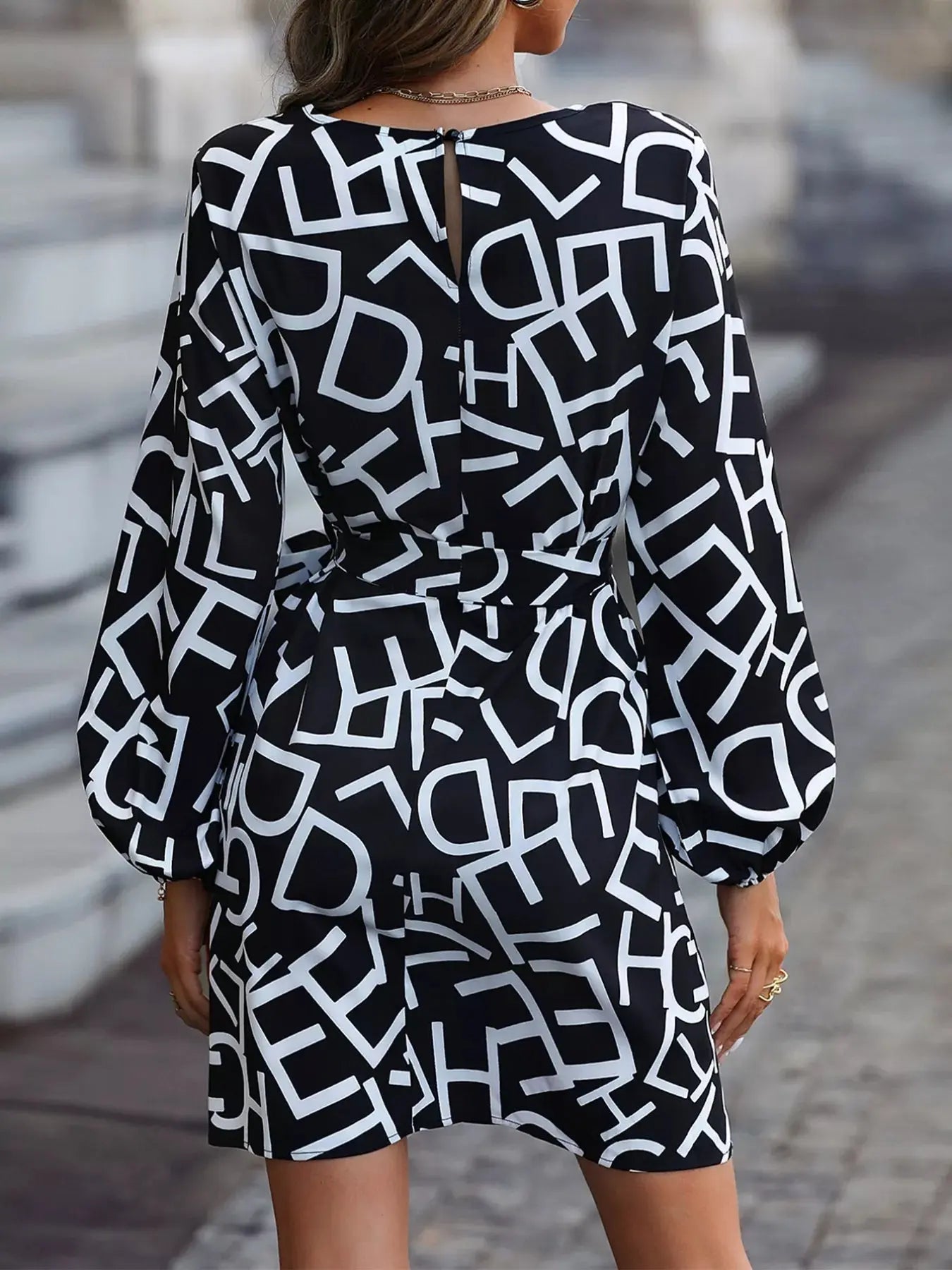 Letter Print Balloon Sleeve Dress - Charmdeals