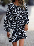 Letter Print Balloon Sleeve Dress - Charmdeals