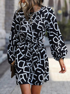 Letter Print Balloon Sleeve Dress - Charmdeals