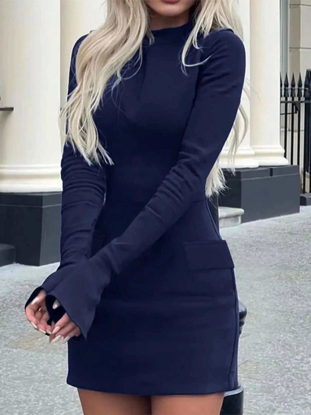 Long Sleeve Bodycon Mini Dress with Pockets - Charmdeals
