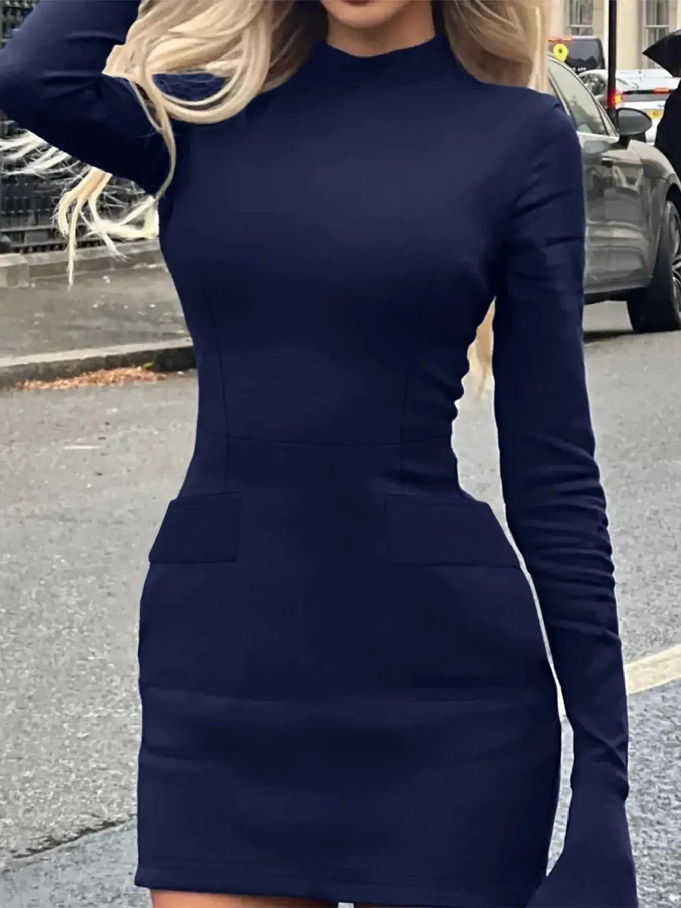 Long Sleeve Bodycon Mini Dress with Pockets - Charmdeals
