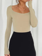 Long Sleeve Scoop Neck Fitted T-Shirt - Charmdeals