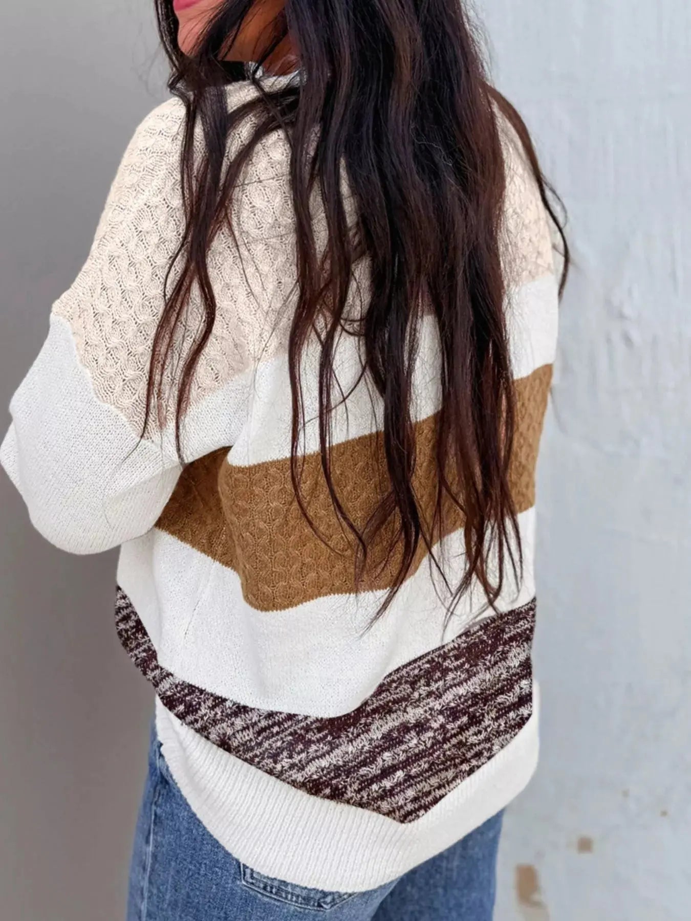 Mixed Texture Knit Striped Color Block Loose Sweater - Charmdeals