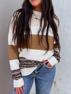 Mixed Texture Knit Striped Color Block Loose Sweater - Charmdeals