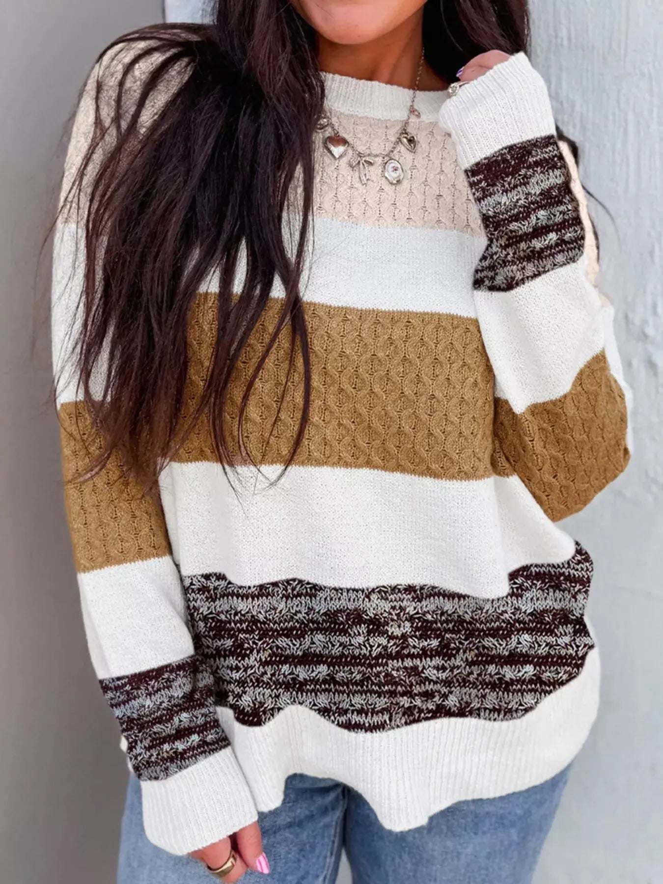 Mixed Texture Knit Striped Color Block Loose Sweater - Charmdeals