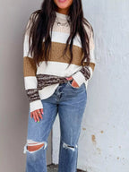 Mixed Texture Knit Striped Color Block Loose Sweater - Charmdeals