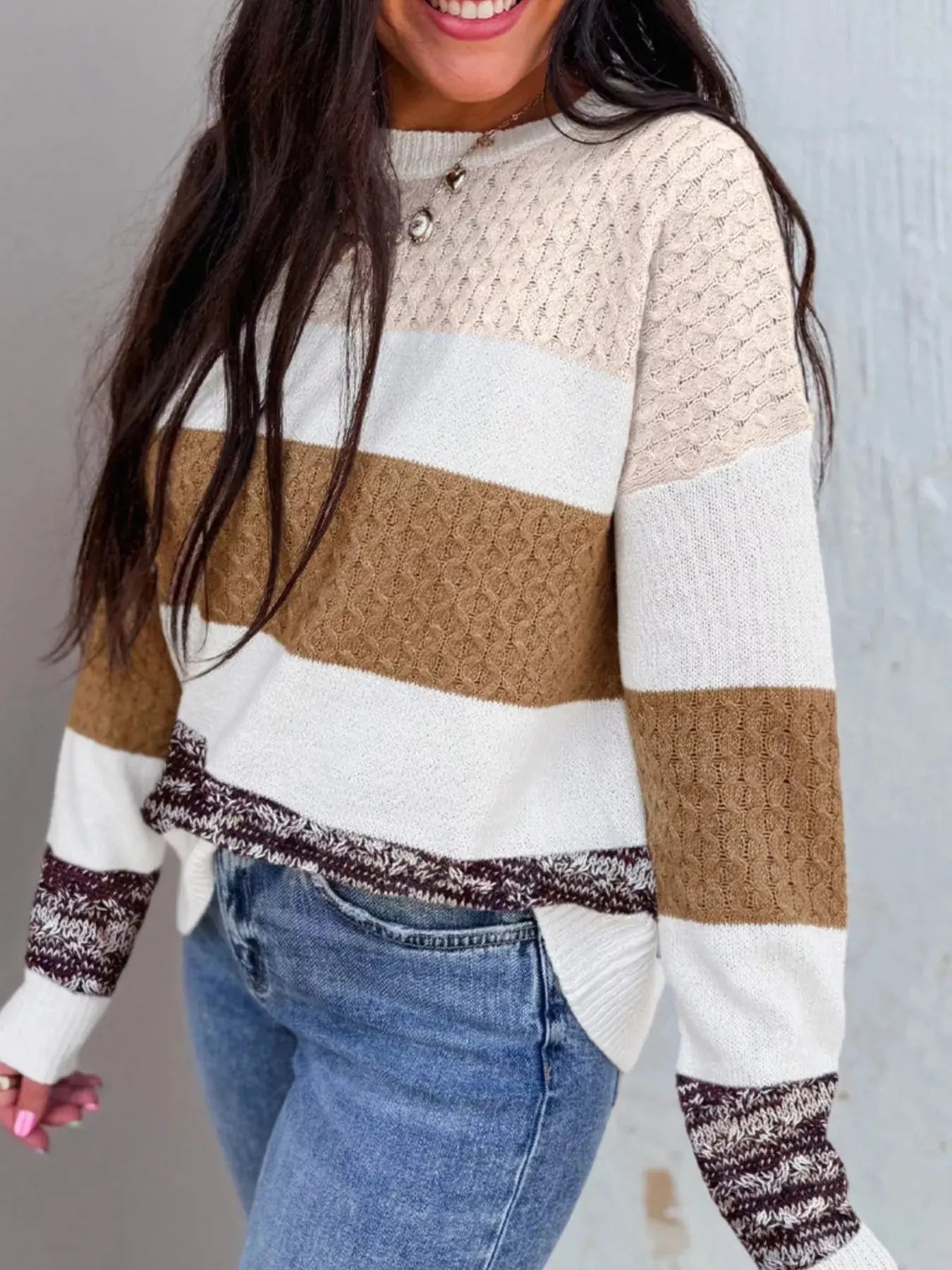 Mixed Texture Knit Striped Color Block Loose Sweater - Charmdeals