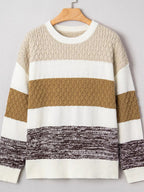 Mixed Texture Knit Striped Color Block Loose Sweater - Charmdeals